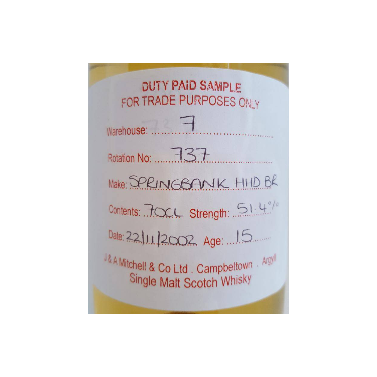 Springbank Duty Paid Sample - For Trade Purposes Only 2002 15 Years Single Malt Whisky 2