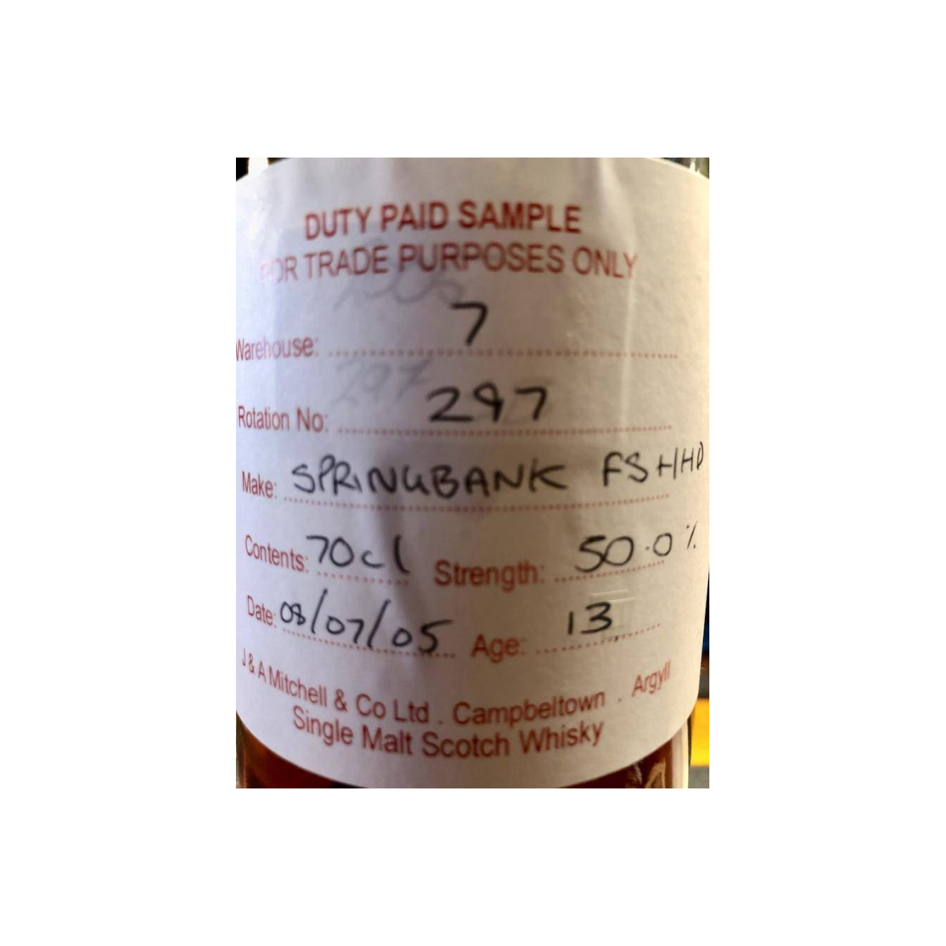 Springbank Duty Paid Sample - For Trade Purposes Only 2005 13 Years Single Malt Whisky