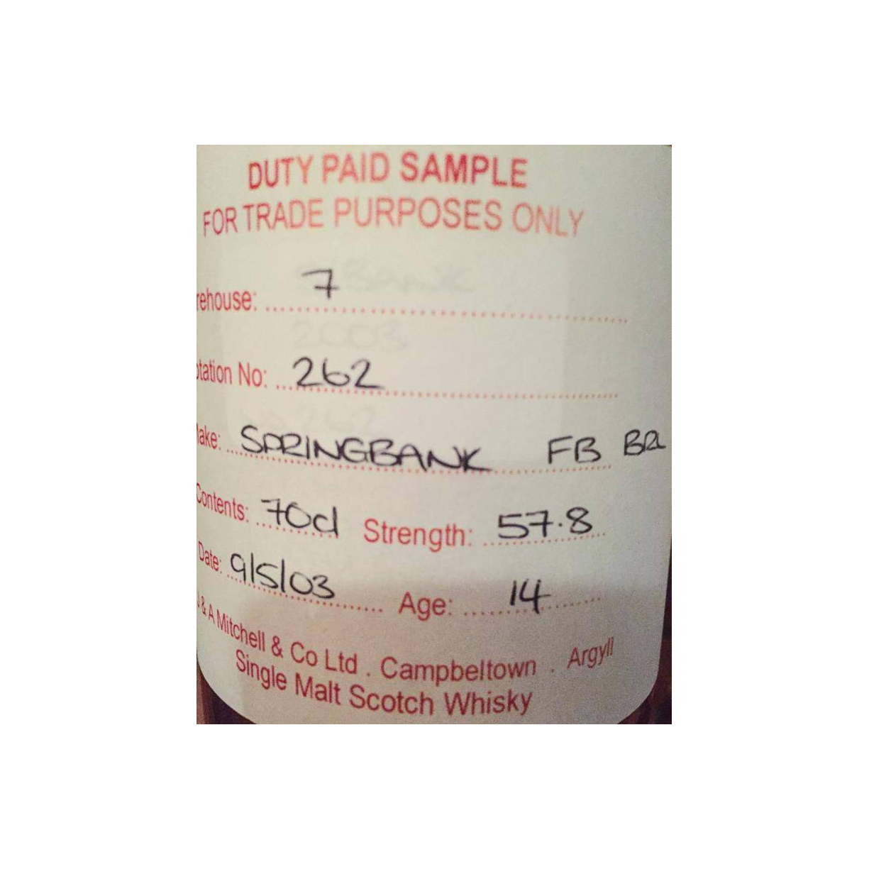Springbank Duty Paid Sample - For Trade Purposes Only 2003 14 Years Single Malt Whisky 3