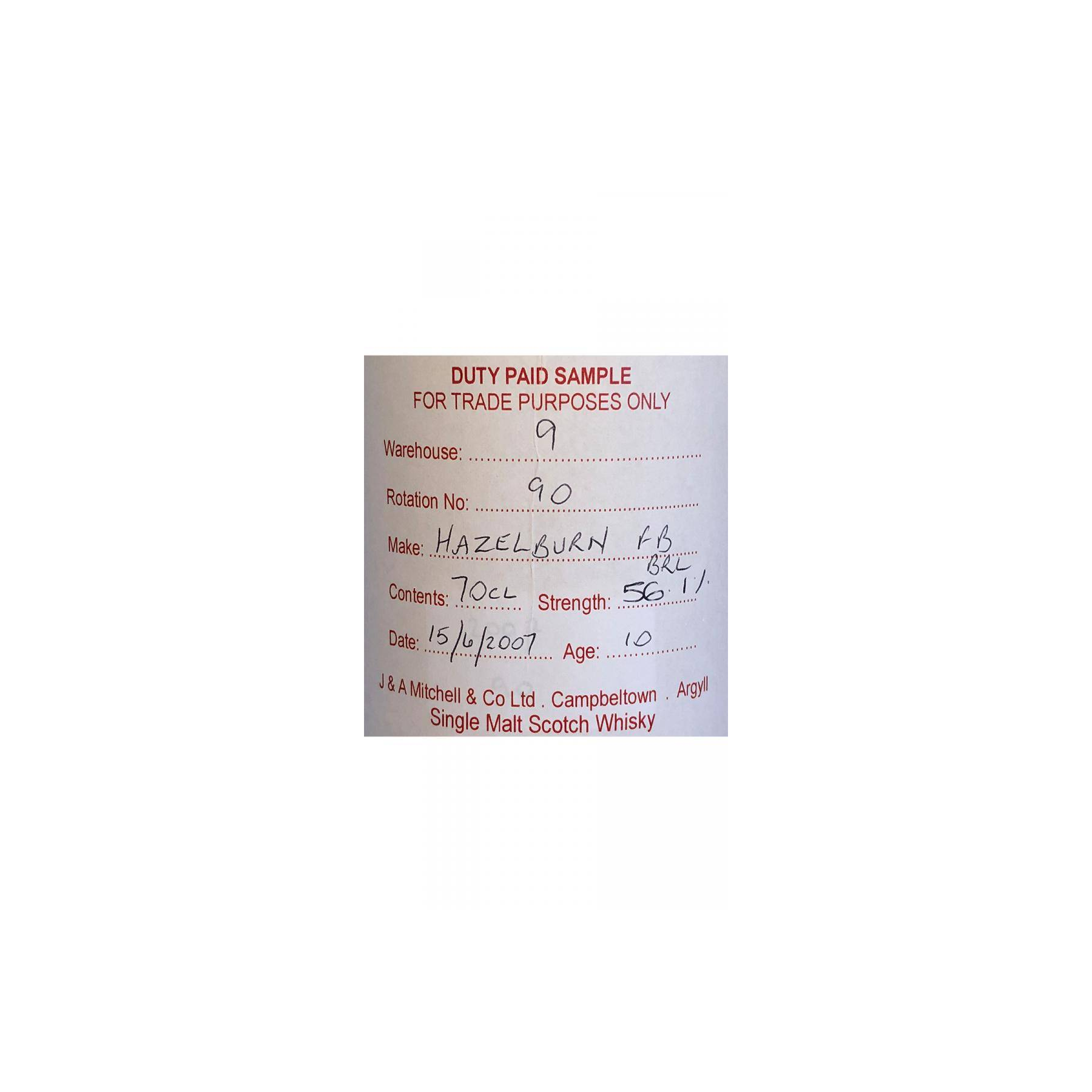 Hazelburn Duty Paid Sample - For Trade Purposes Only 2007 10 Years Single Malt Whisky 2