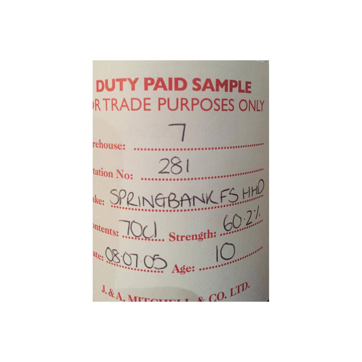 Springbank Duty Paid Sample - For Trade Purposes Only 2005 10 Years Single Malt Whisky