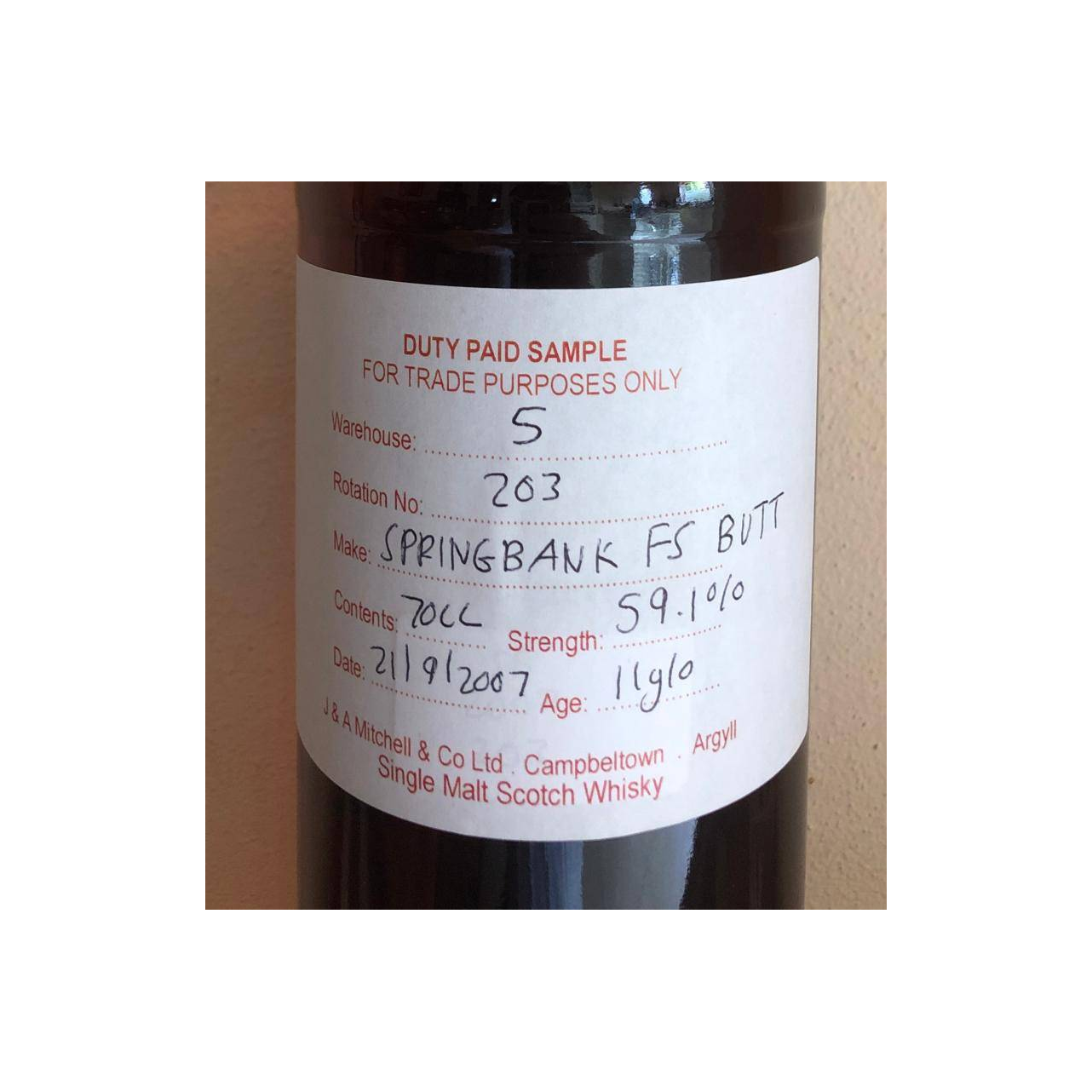 Springbank Duty Paid Sample - For Trade Purposes Only 2007 11 Years Single Malt Whisky 2