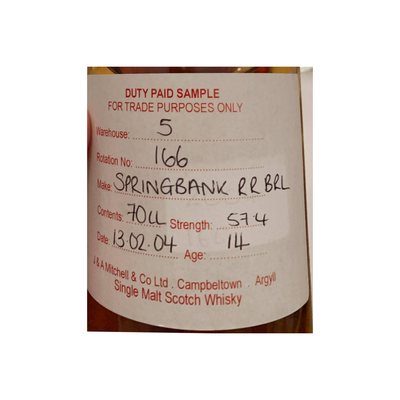 Springbank Duty Paid Sample - For Trade Purposes Only 2004 14 Years Single Malt Whisky