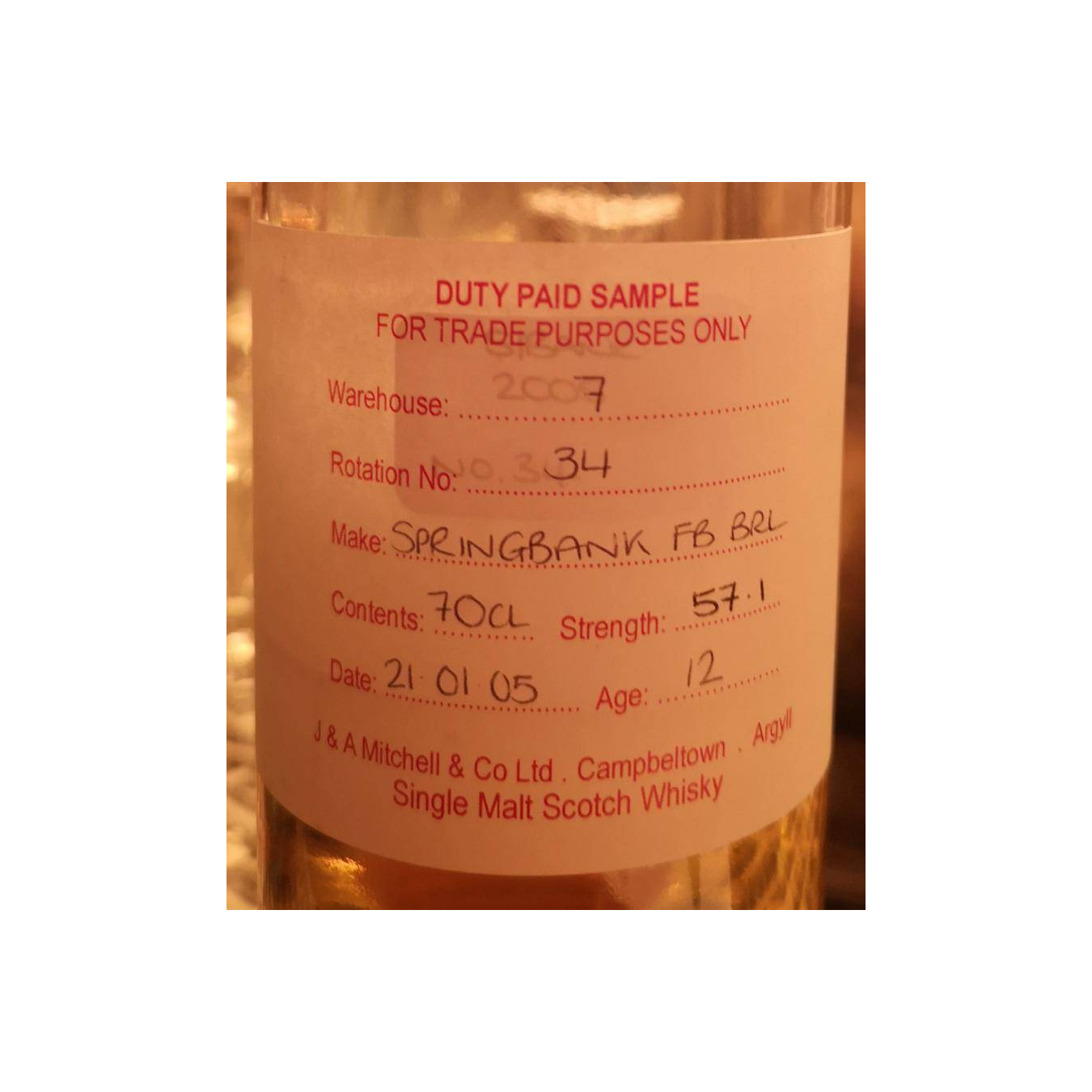 Springbank Duty Paid Sample - For Trade Purposes Only 2005 12 Years Single Malt Whisky