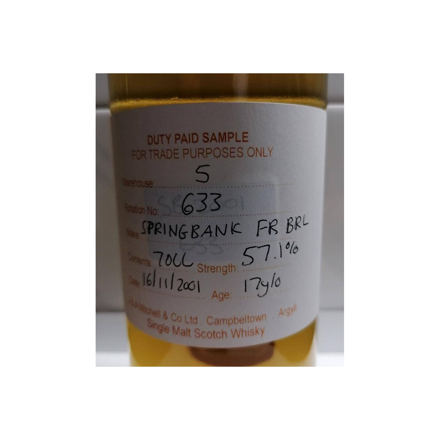 Springbank Duty Paid Sample - For Trade Purposes Only 2001 17 Years Single Malt Whisky 2