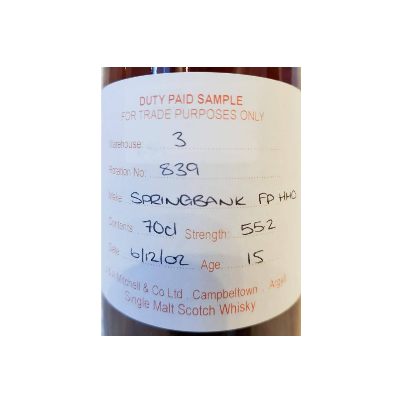 Springbank Duty Paid Sample - For Trade Purposes Only 2002 15 Years Single Malt Whisky 2