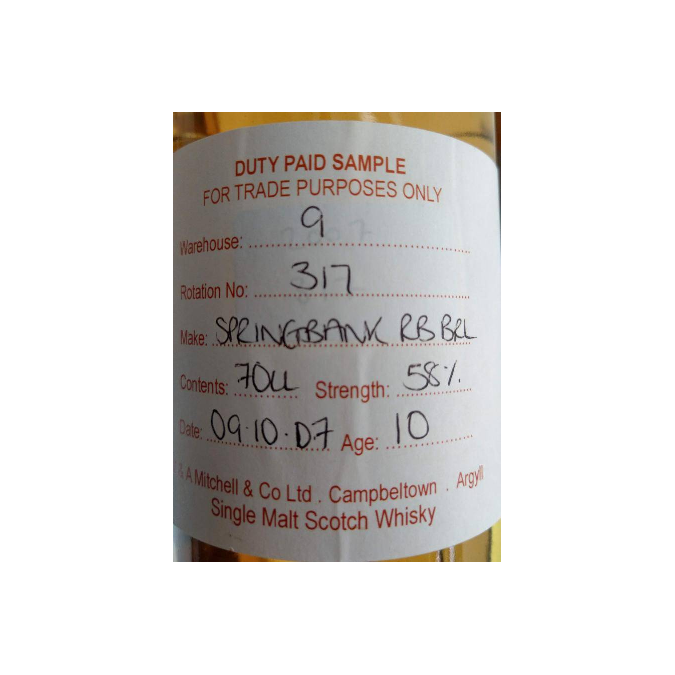 Springbank Duty Paid Sample - For Trade Purposes Only 2007 10 Years Single Malt Whisky