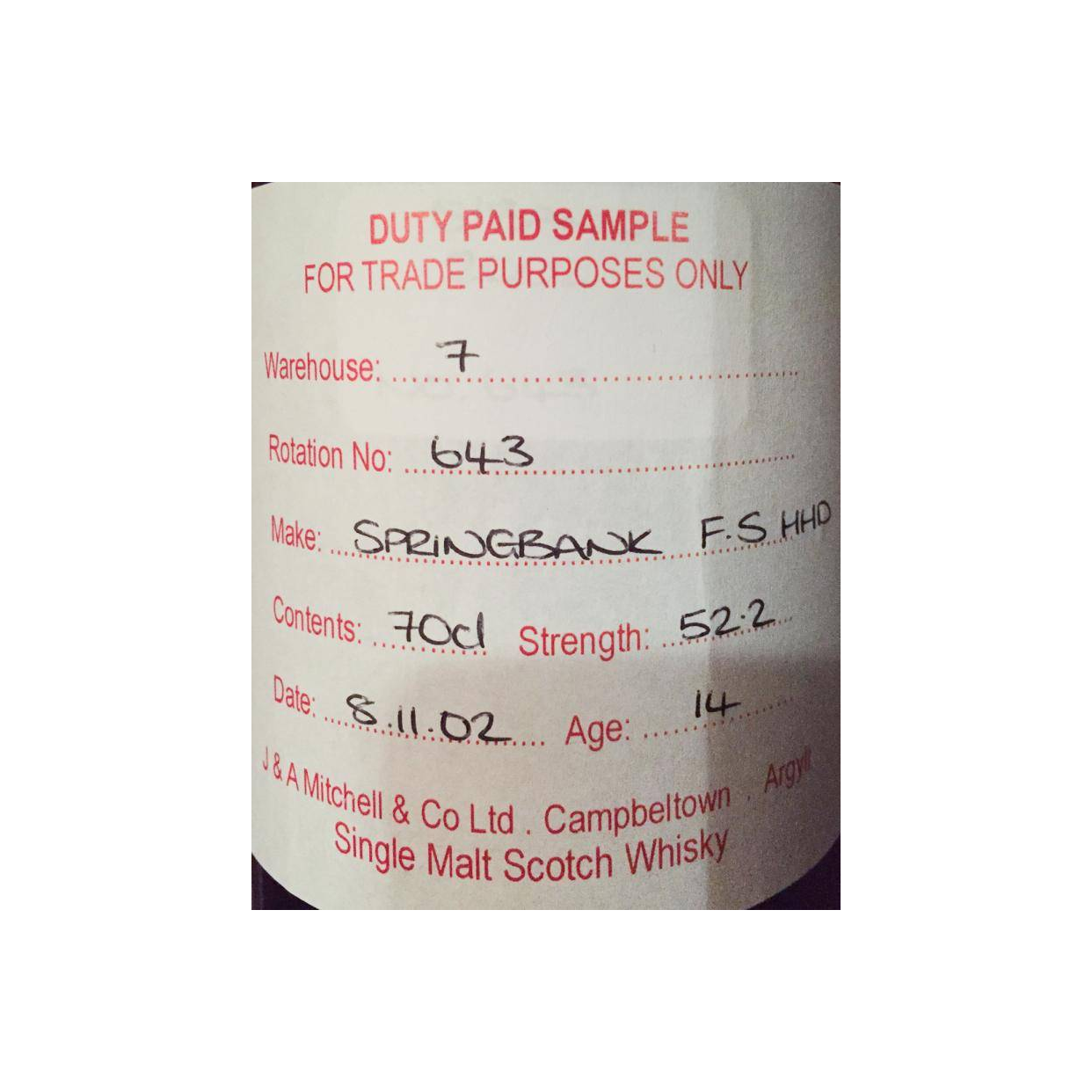 Springbank Duty Paid Sample - For Trade Purposes Only 2002 14 Years Single Malt Whisky