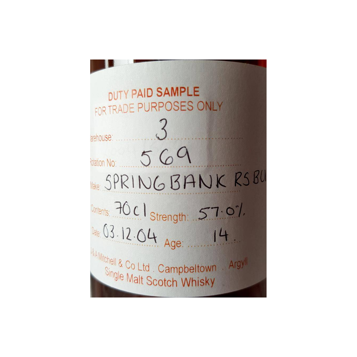 Springbank Duty Paid Sample - For Trade Purposes Only 2004 14 Years Single Malt Whisky 2