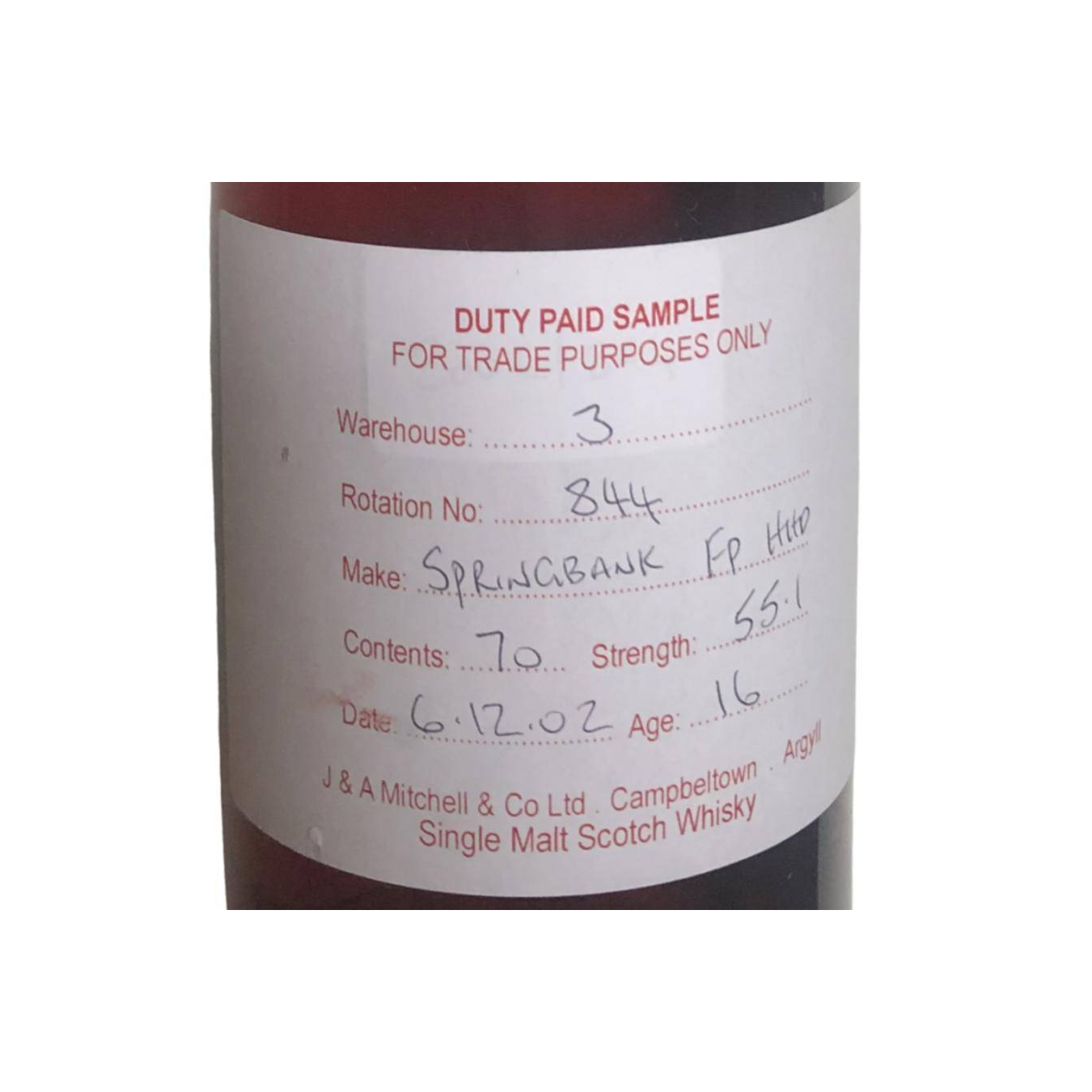 Springbank Duty Paid Sample - For Trade Purposes Only 2002 16 Years Single Malt Whisky