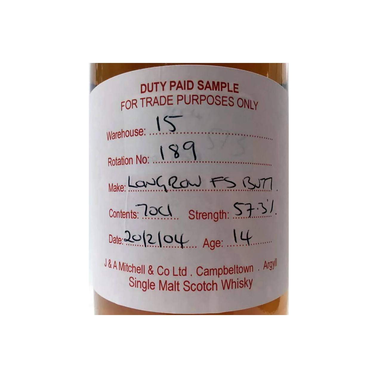Longrow Duty Paid Sample - For Trade Purposes Only 2004 14 Years Single Malt Whisky 2