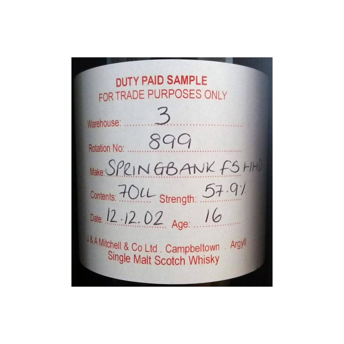 Springbank Duty Paid Sample - For Trade Purposes Only 2002 16 Years Single Malt Whisky 2