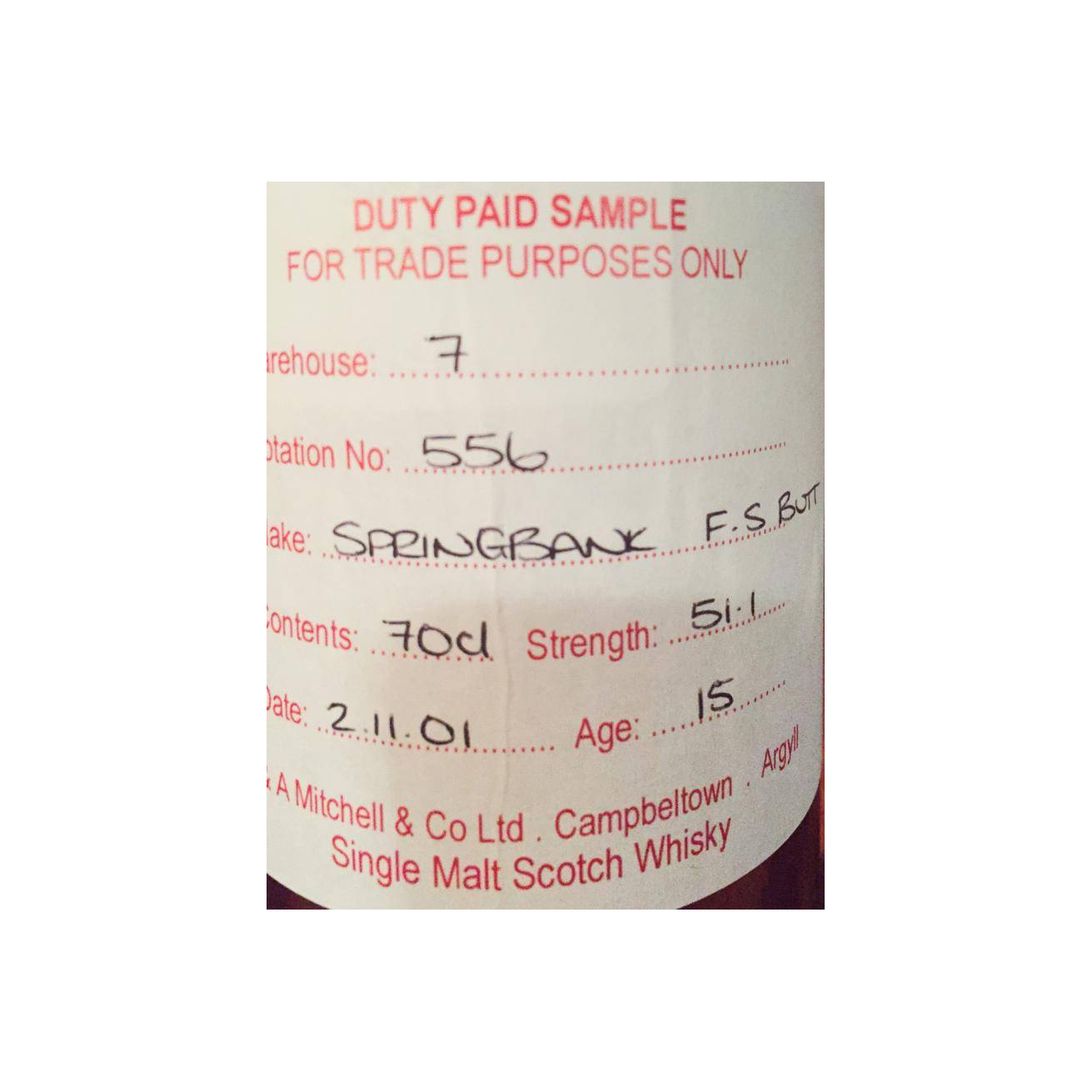 Springbank Duty Paid Sample - For Trade Purposes Only 2001 15 Years Single Malt Whisky