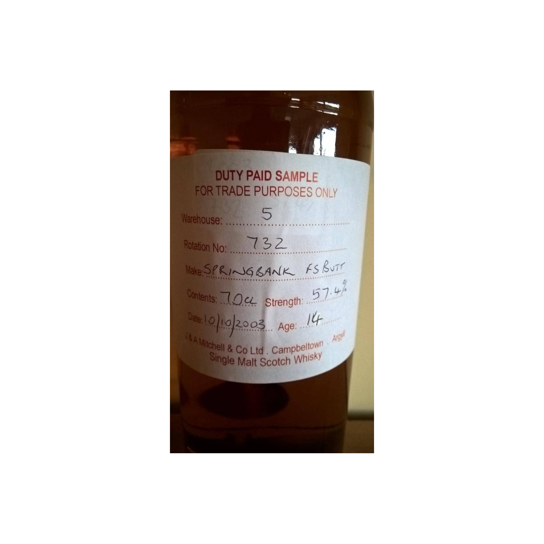 Springbank Duty Paid Sample - For Trade Purposes Only 2003 14 Years Single Malt Whisky 2