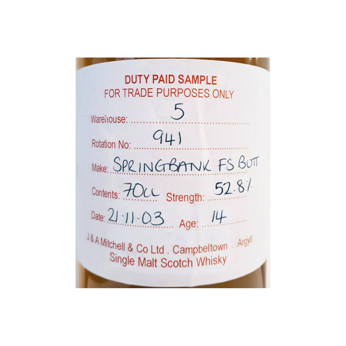 Springbank Duty Paid Sample - For Trade Purposes Only 2003 14 Years Single Malt Whisky 2
