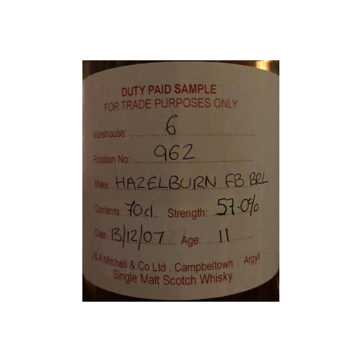 Hazelburn Duty Paid Sample - For Trade Purposes Only 2007 11 Years Single Malt Whisky