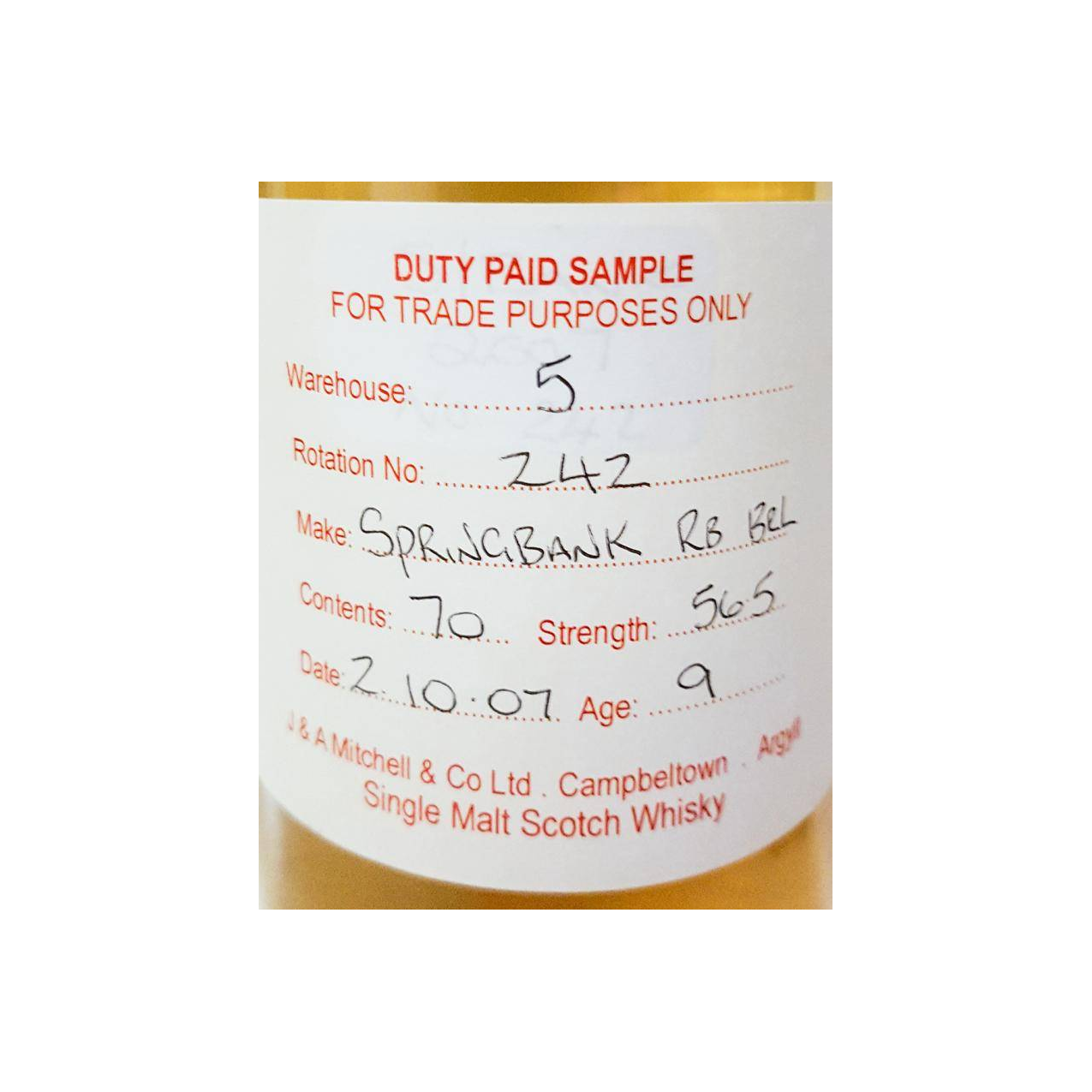 Springbank Duty Paid Sample - For Trade Purposes Only 2007 9 Years Single Malt Whisky 2