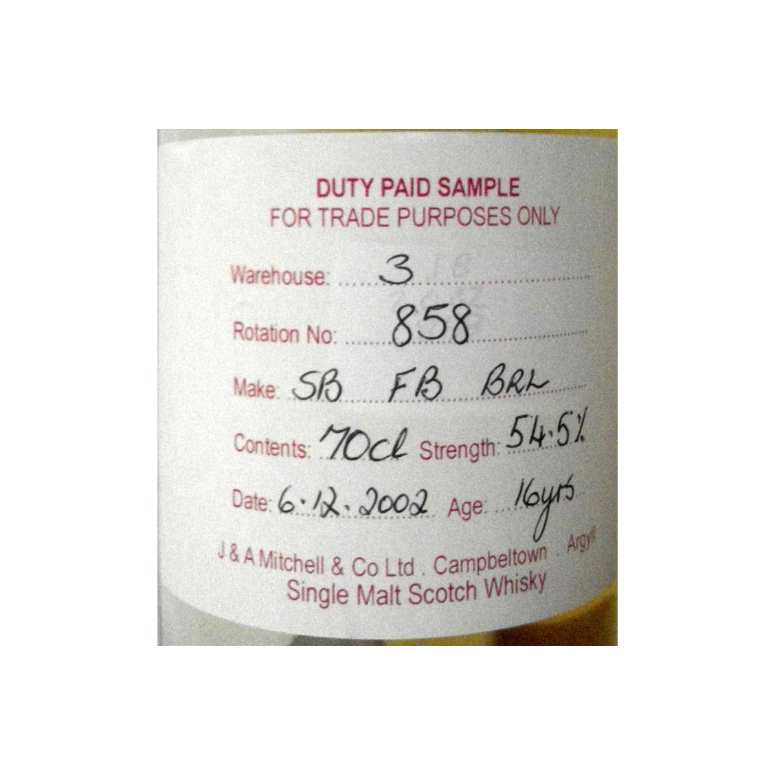 Springbank Duty Paid Sample - For Trade Purposes Only 2002 16 Years Single Malt Whisky