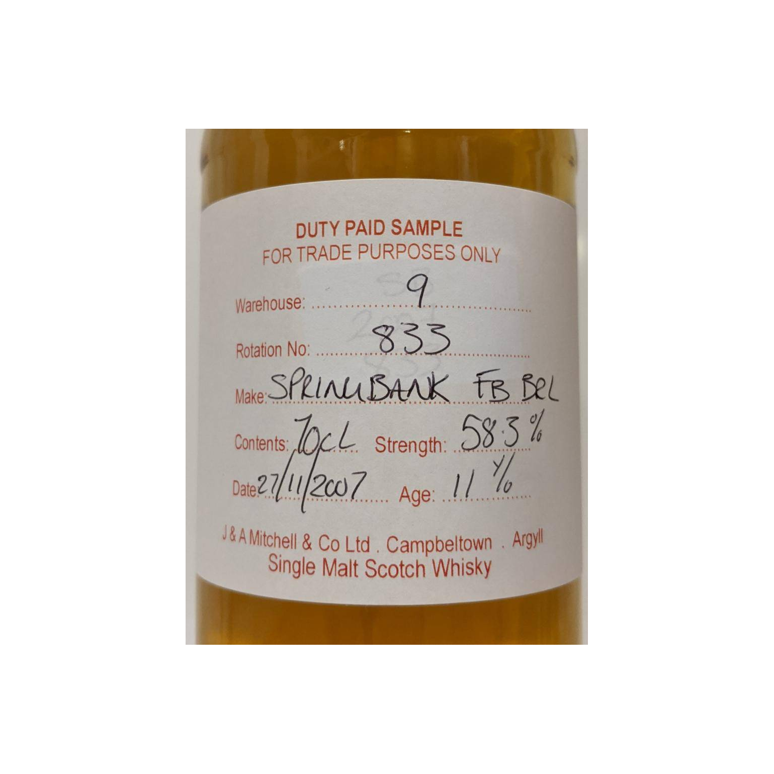 Springbank Duty Paid Sample - For Trade Purposes Only 2007 11 Years Single Malt Whisky 2
