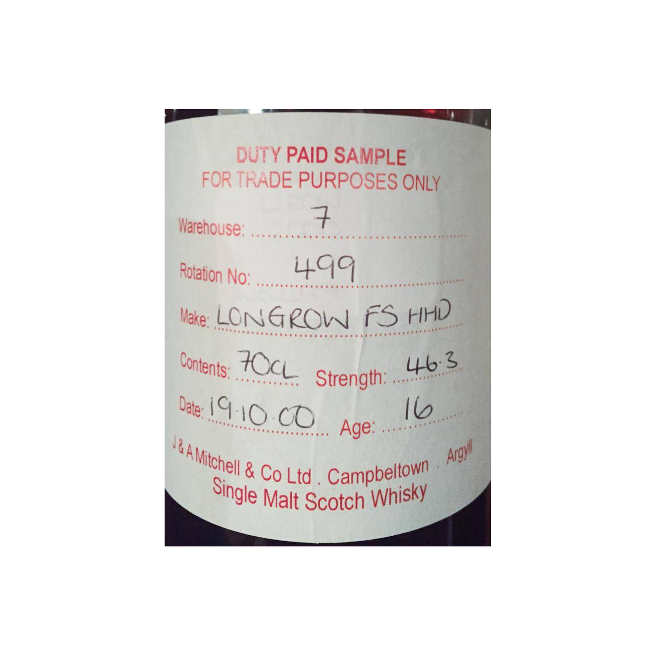 Longrow Duty Paid Sample - For Trade Purposes Only 2000 16 Years Single Malt Whisky