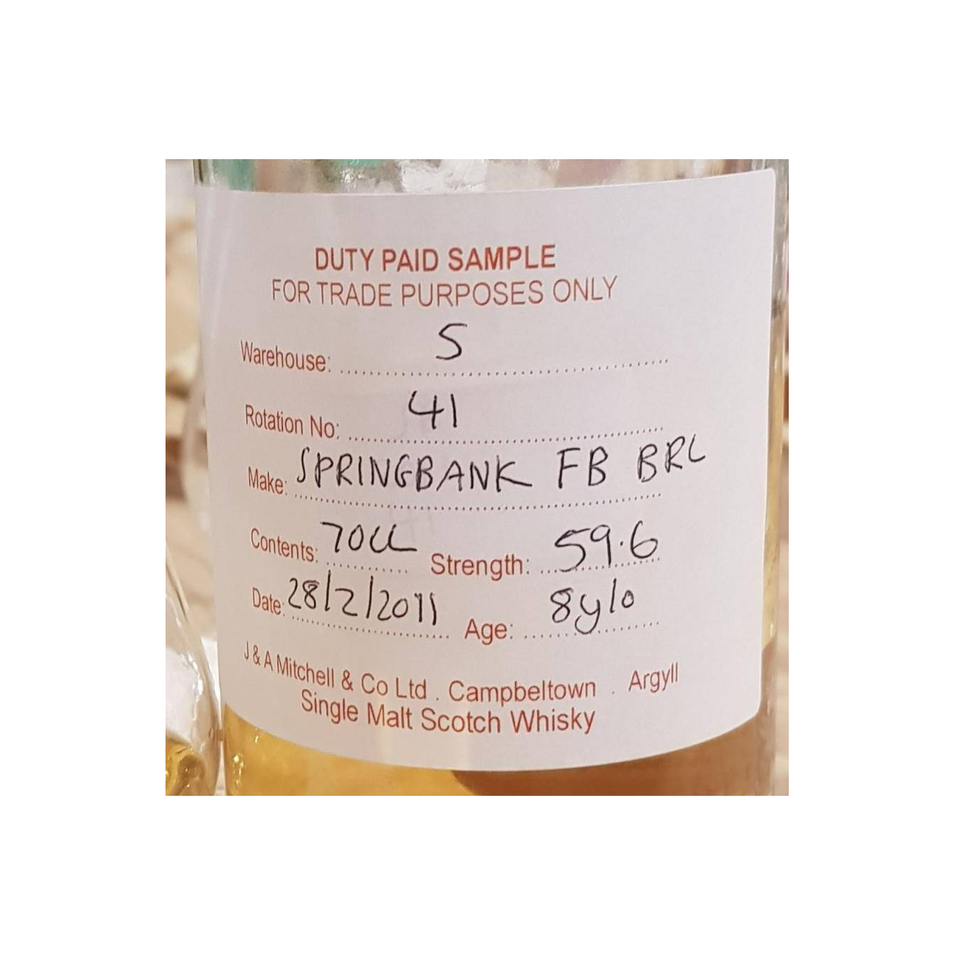 Springbank Duty Paid Sample - For Trade Purposes Only 2011 8 Years Single Malt Whisky