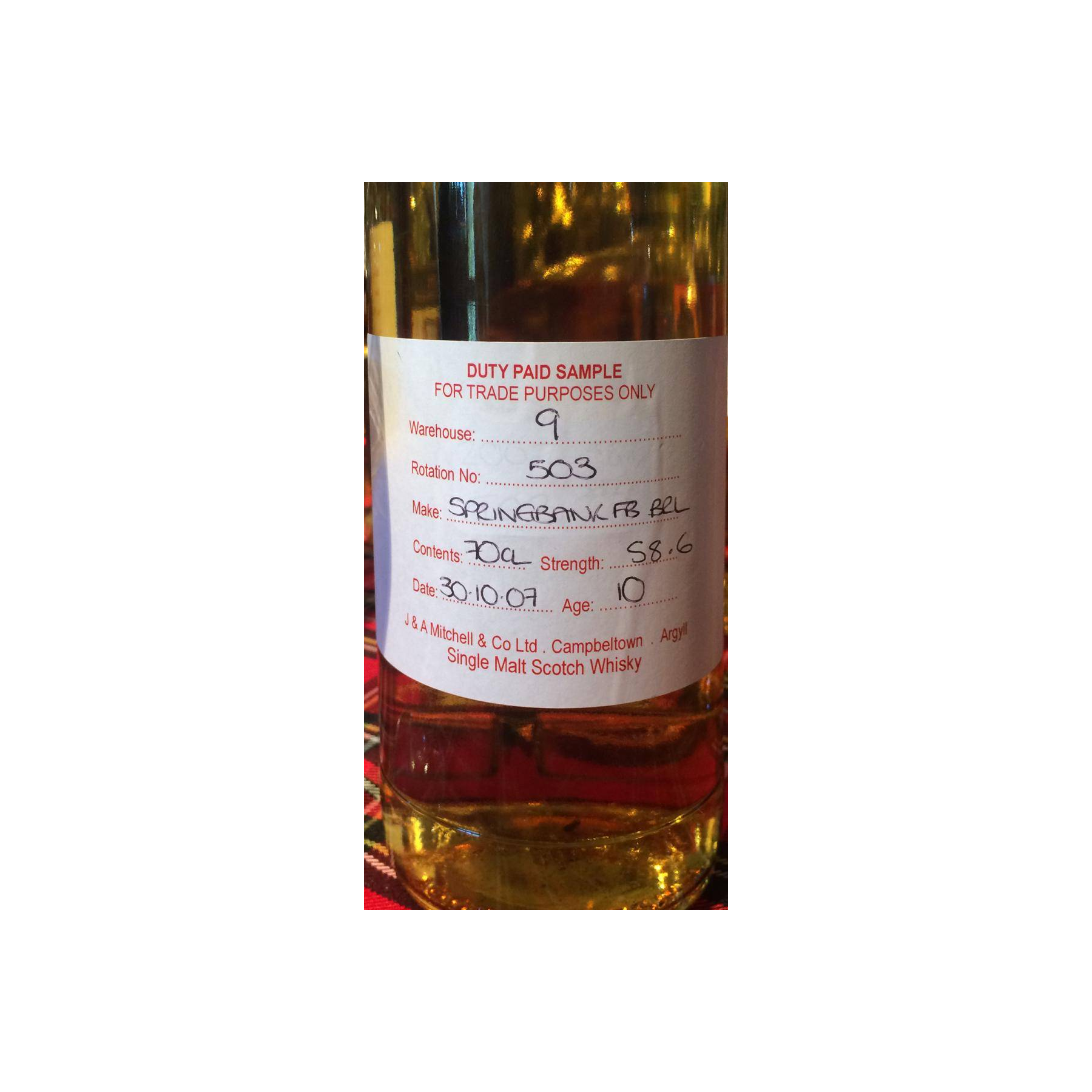 Springbank Duty Paid Sample - For Trade Purposes Only 2007 10 Years Single Malt Whisky