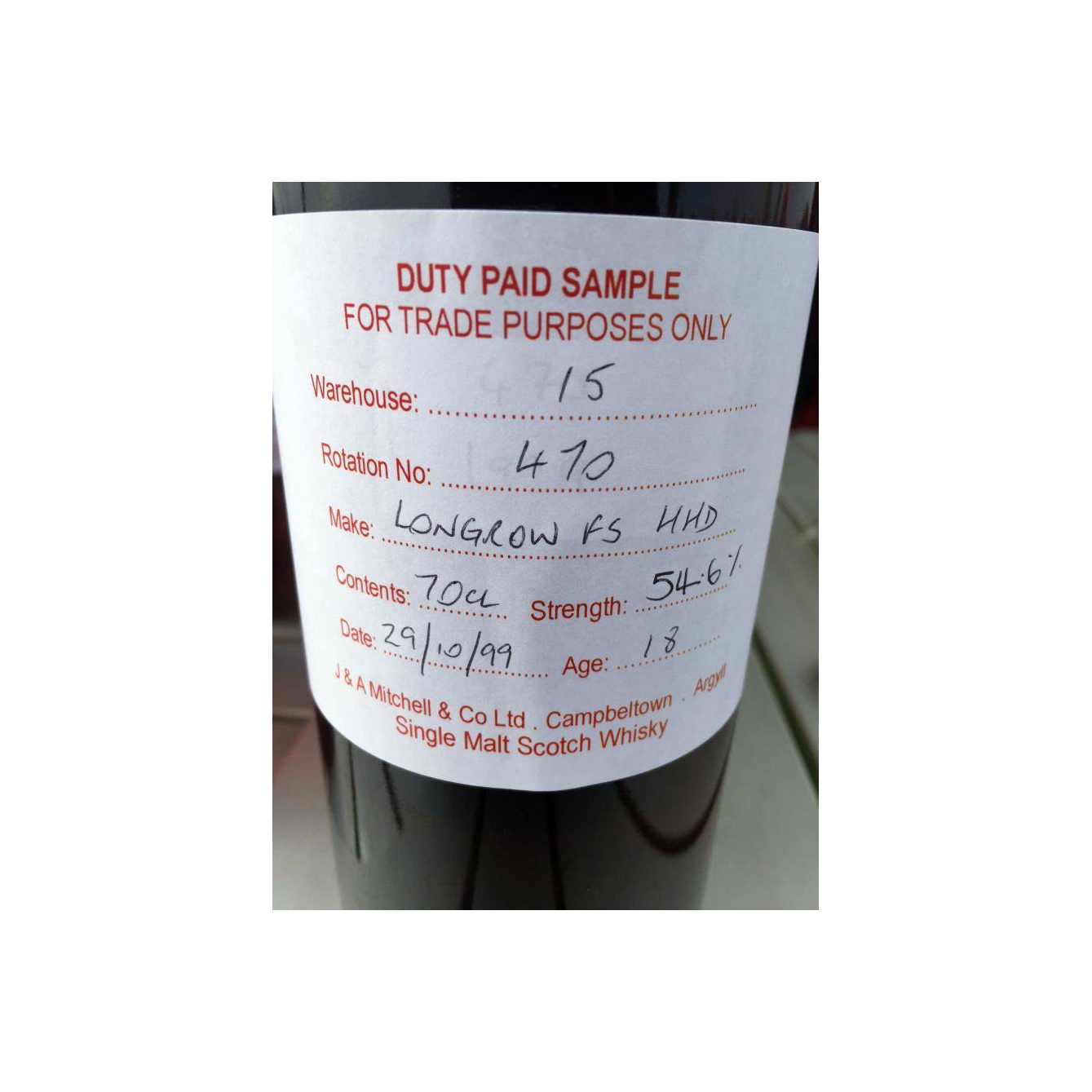 Longrow Duty Paid Sample - For Trade Purposes Only 1999 18 Years Single Malt Whisky