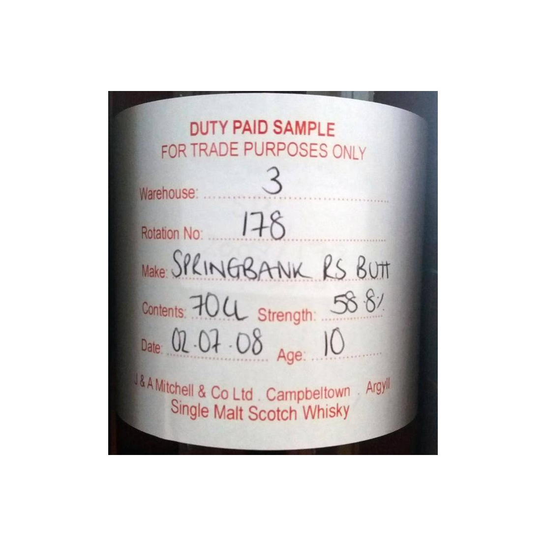 Springbank Duty Paid Sample - For Trade Purposes Only 2008 10 Years Single Malt Whisky 2