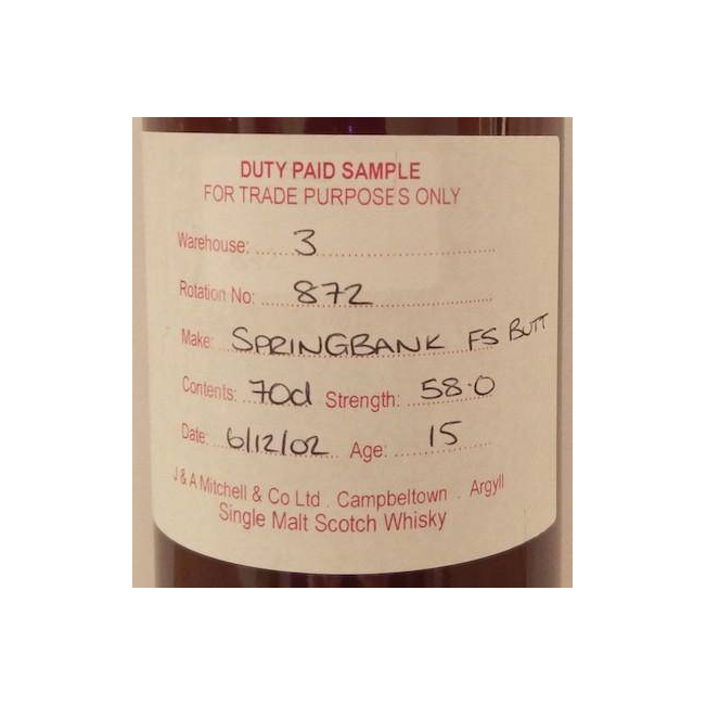 Springbank Duty Paid Sample - For Trade Purposes Only 2002 15 Years Single Malt Whisky