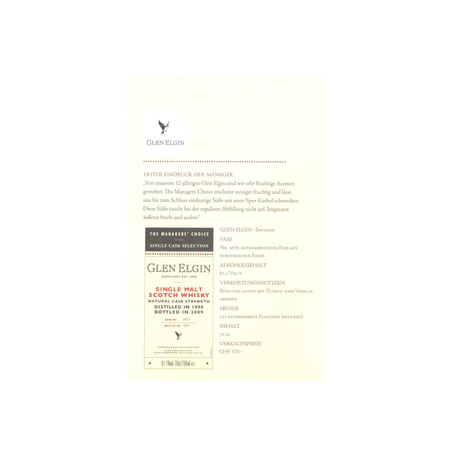 Glen Elgin 1998 10 Years Single Malt Whisky 3