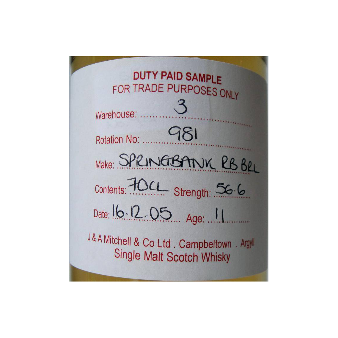 Springbank Duty Paid Sample - For Trade Purposes Only 2005 11 Years Single Malt Whisky 2