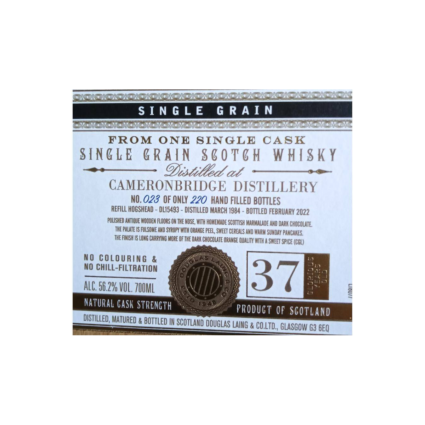 Cameronbridge 1984 37 Years Single Grain Whisky