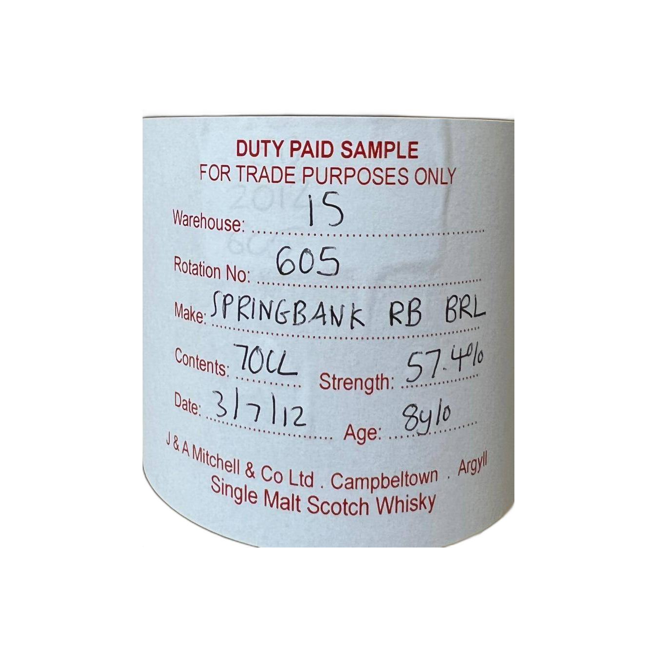 Springbank Duty Paid Sample - For Trade Purposes Only 2012 8 Years Single Malt Whisky 2