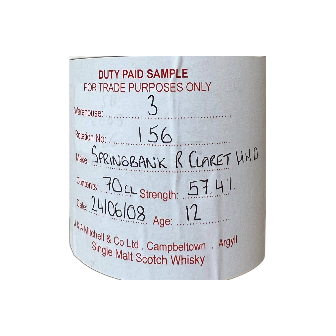 Springbank Duty Paid Sample - For Trade Purposes Only 2008 12 Years Single Malt Whisky 2