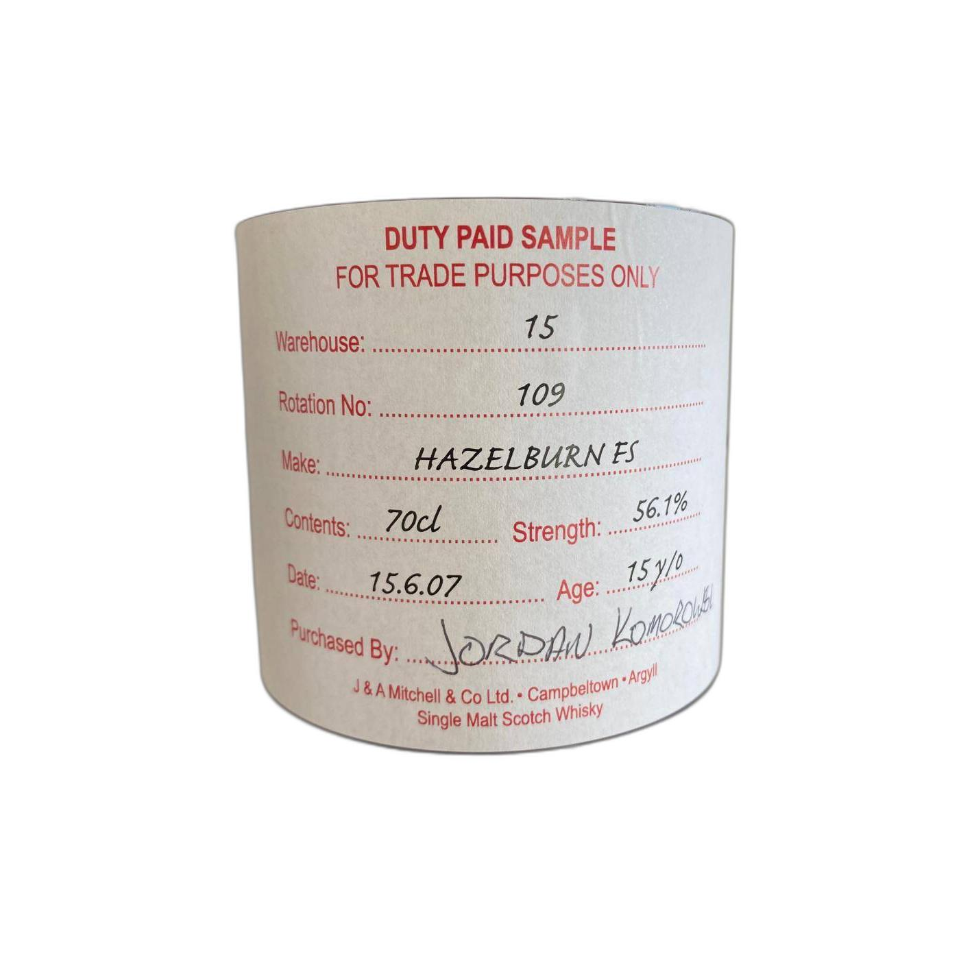 Hazelburn Duty Paid Sample - For Trade Purposes Only 2007 15 Years Single Malt Whisky 2