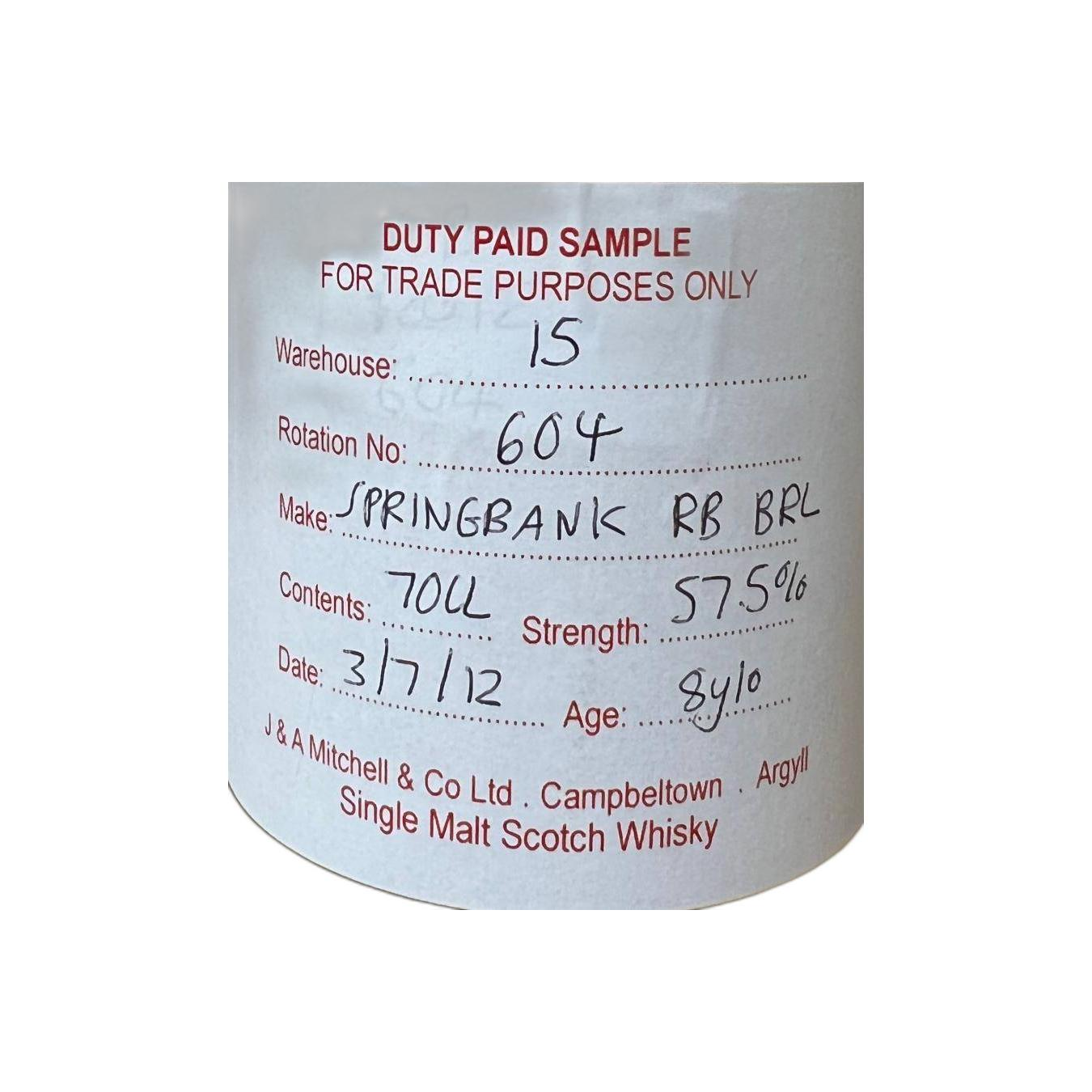 Springbank Duty Paid Sample - For Trade Purposes Only 2012 8 Years Single Malt Whisky 2