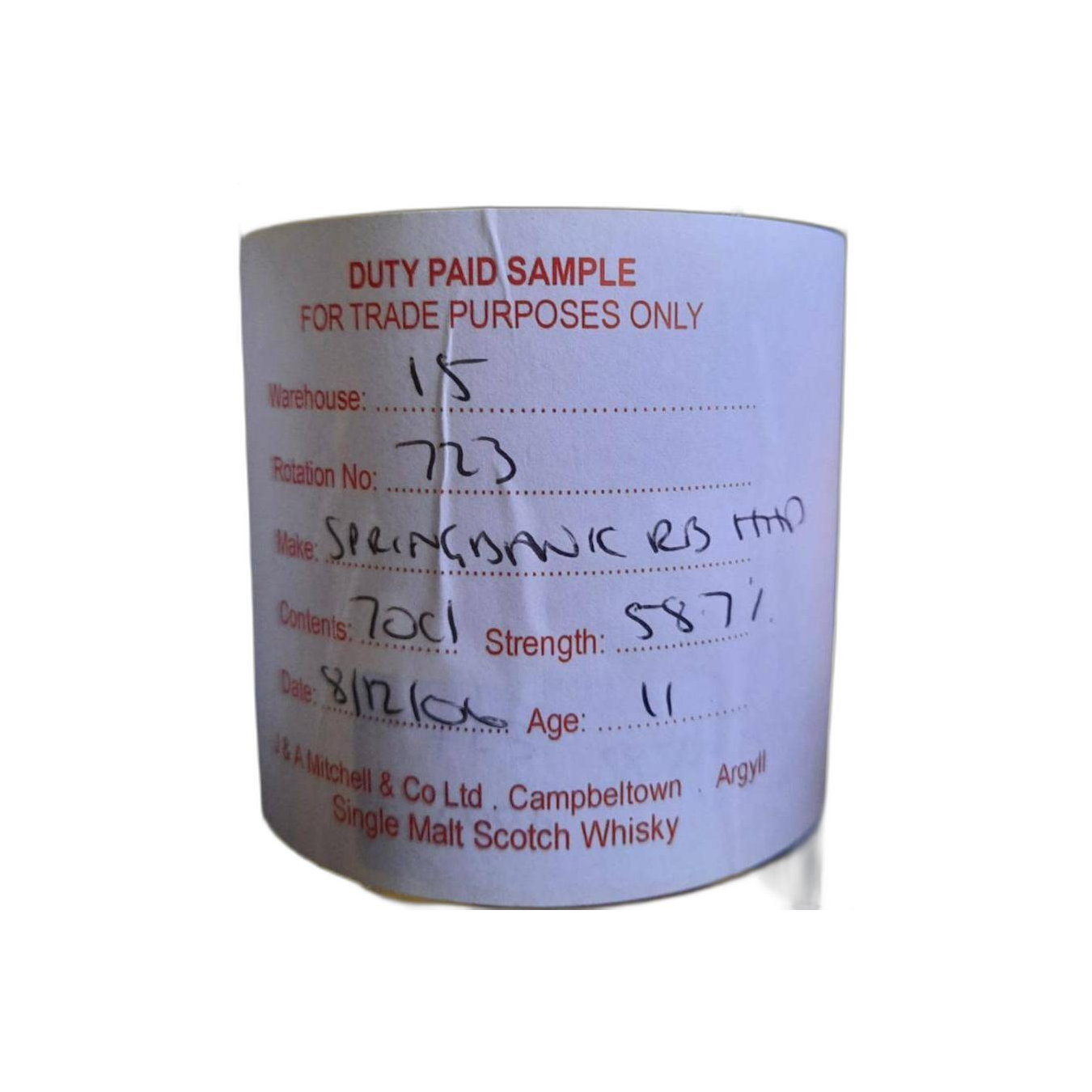 Springbank Duty Paid Sample - For Trade Purposes Only 2006 11 Years Single Malt Whisky