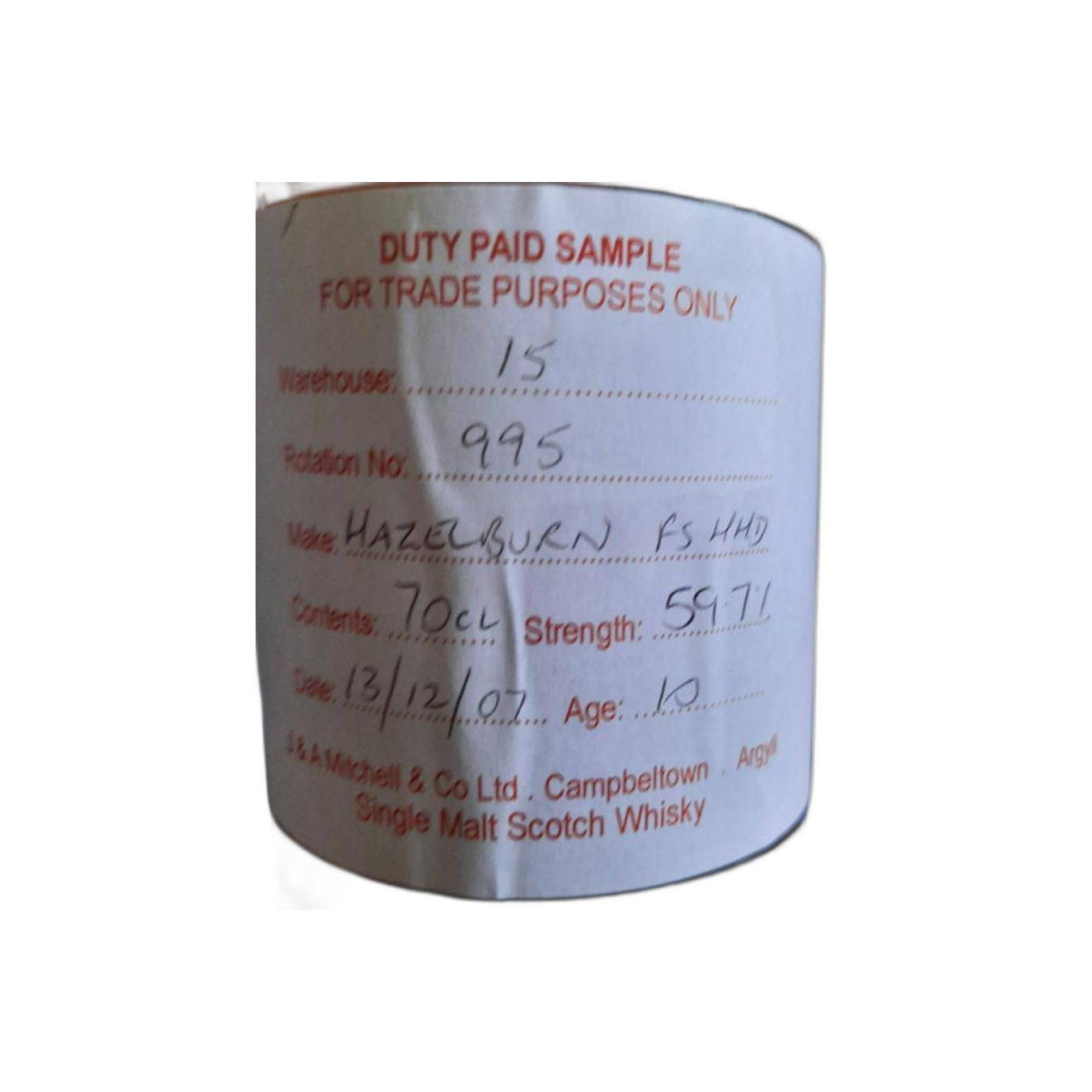 Springbank Duty Paid Sample - For Trade Purposes Only 2007 10 Years Single Malt Whisky
