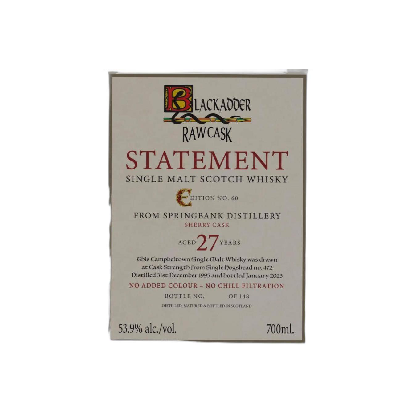 Blackadder 1995 27 Years Single Malt Whisky