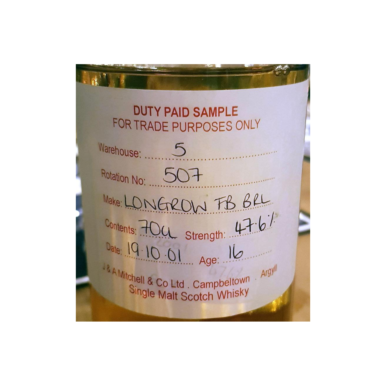 Longrow Duty Paid Sample - For Trade Purposes Only 2001 16 Years Single Malt Whisky