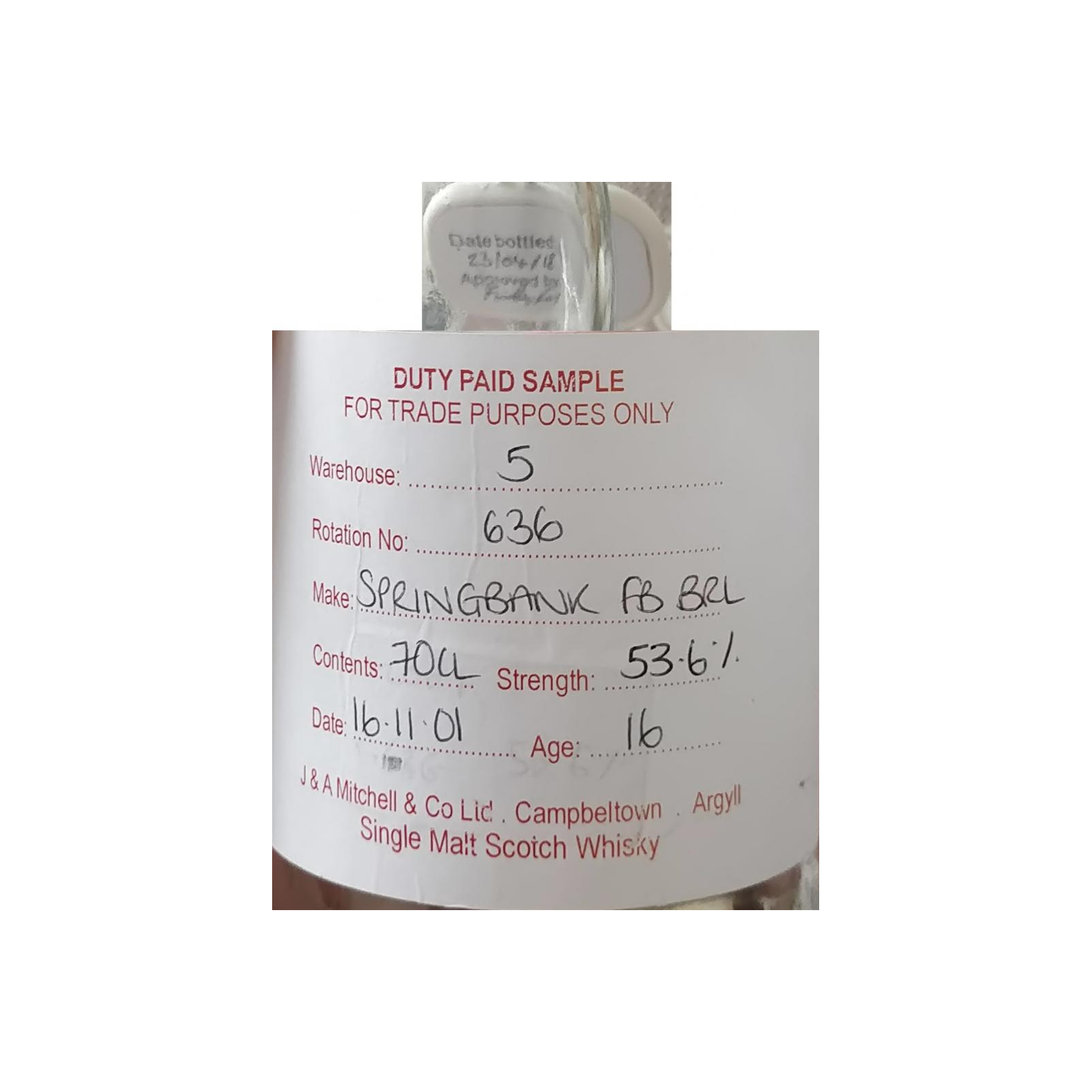 Springbank Duty Paid Sample - For Trade Purposes Only 2001 16 Years Single Malt Whisky