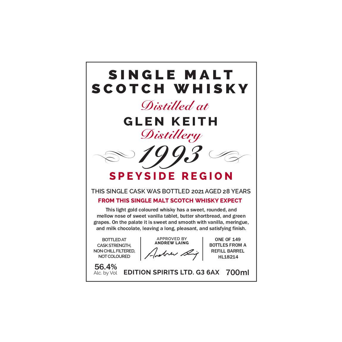 Glen Keith The First Editions 1993 28 Years Single Malt Whisky