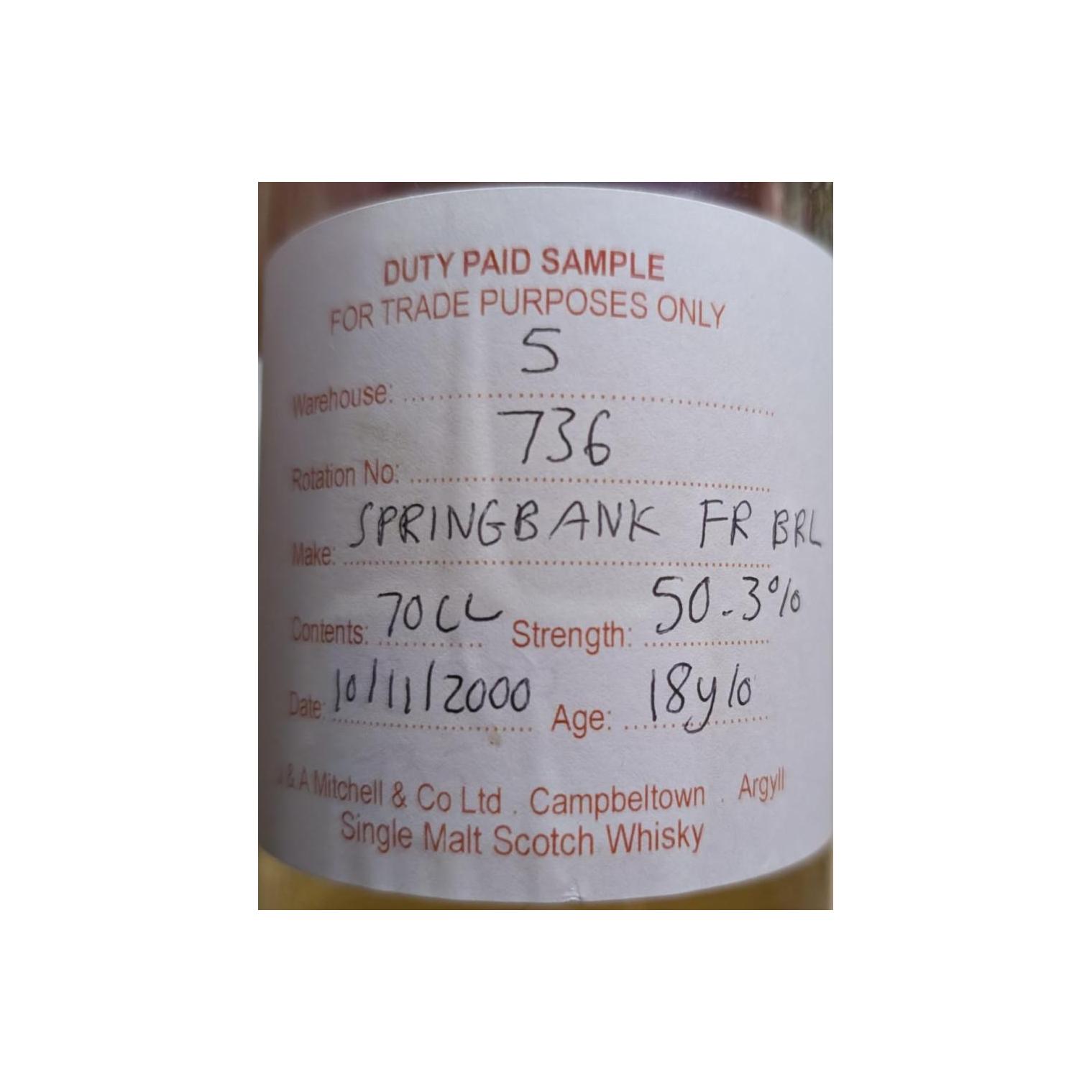 Springbank Duty Paid Sample - For Trade Purposes Only 2000 18 Years Single Malt Whisky